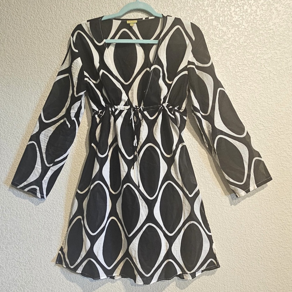 Echo Black & White Swimsuit Cover Up Sz M 100% Cotton Long Sleeve V Neck